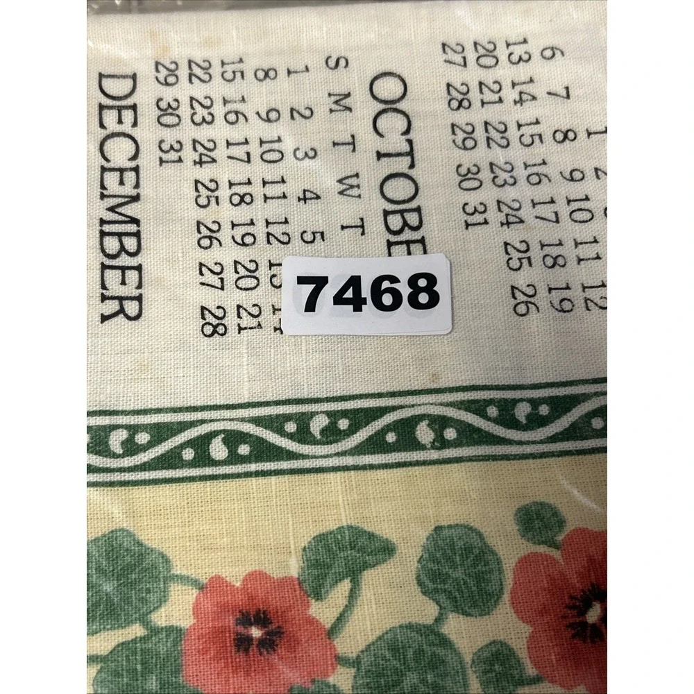 Vintage 1989 Calendar Tea Towel Linen Red Floral Butterfly Cottagecore Retro USA